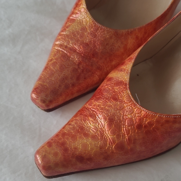 Leather Patterned Red-Orange Women's Heels - Picture 5 of 8